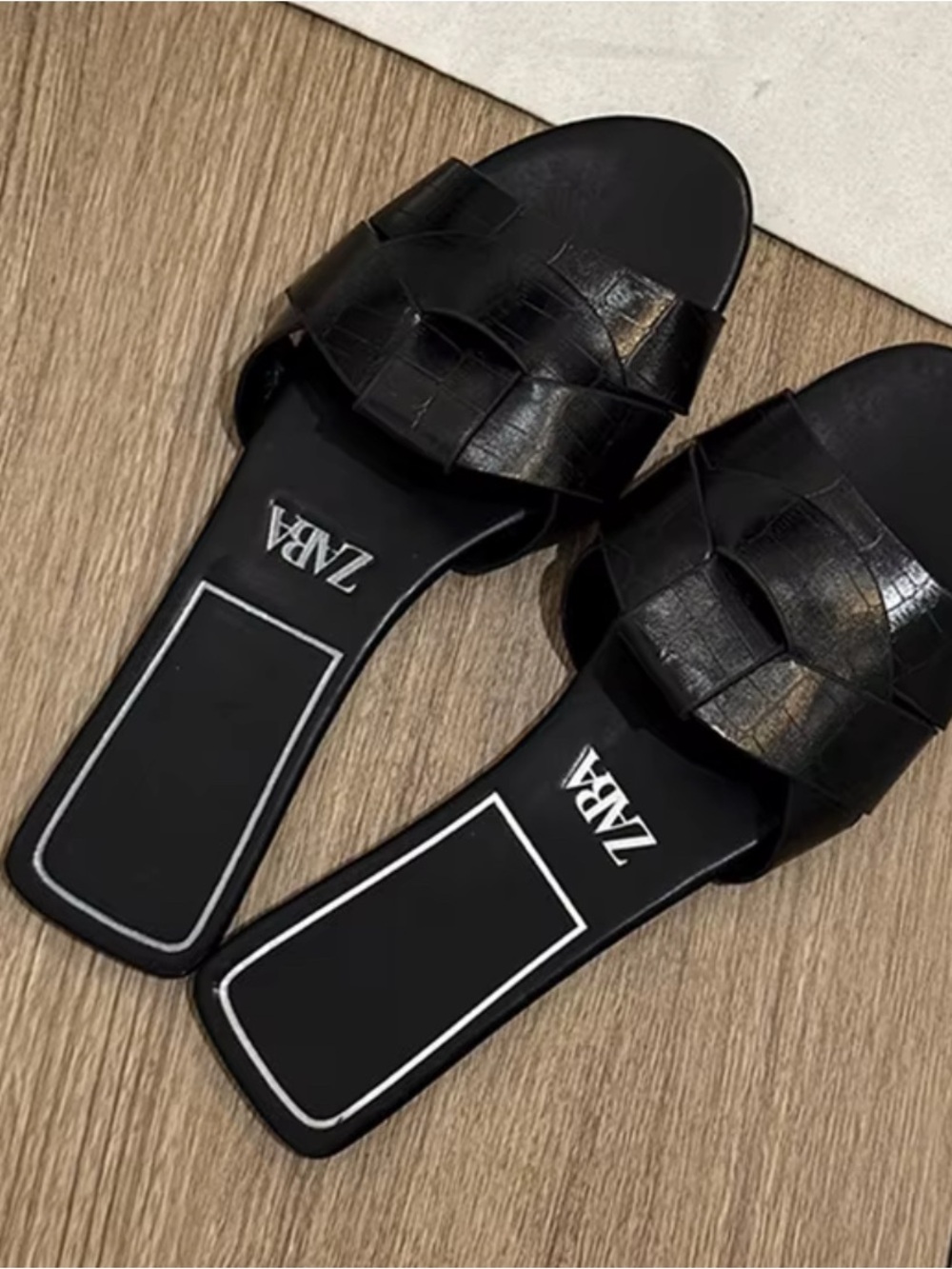 Zara Black Woven Leather Slide Mules